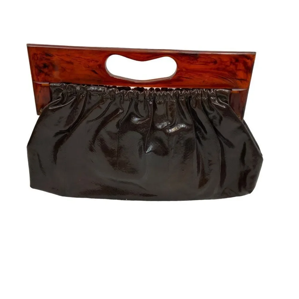 Vintage Brown Vinyl Faux Leather Clutch with Tortoiseshell Plastic‎ Handle 60s